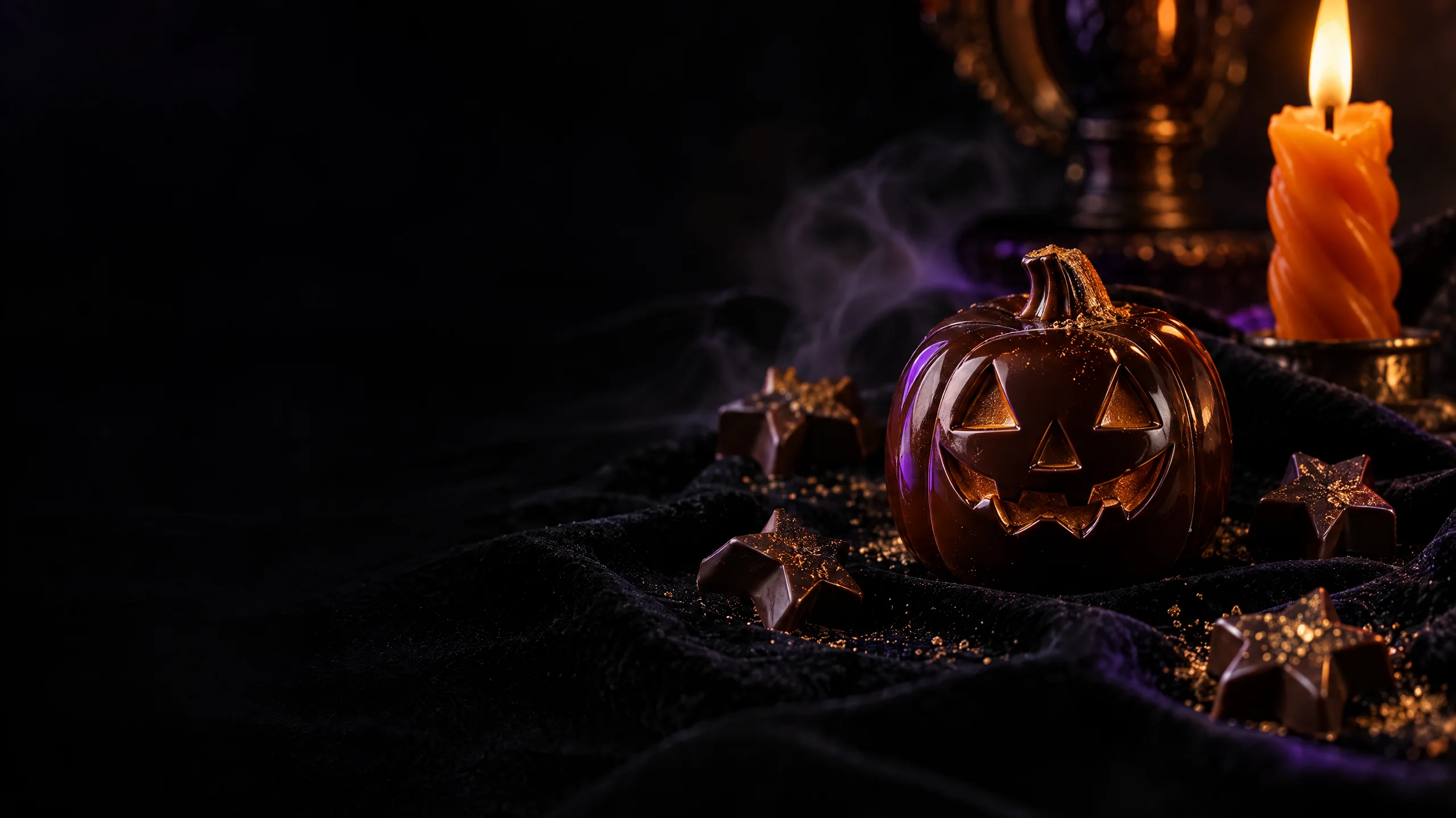Dark chocolate jack-o-lantern bonbon in a dramatic Halloween still life